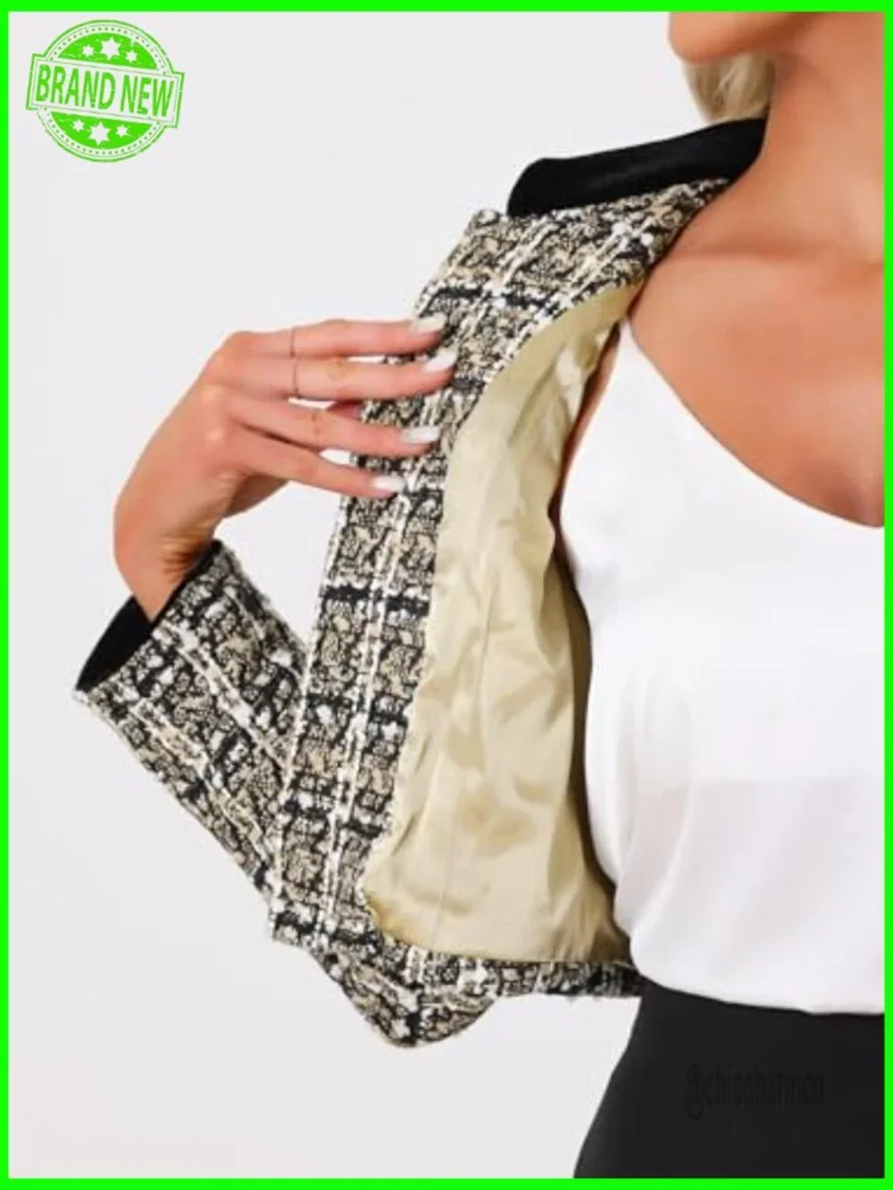 Vintage Suiting Blazer, Cropped Collarless, Plaid Tweed with Sequin Accents,